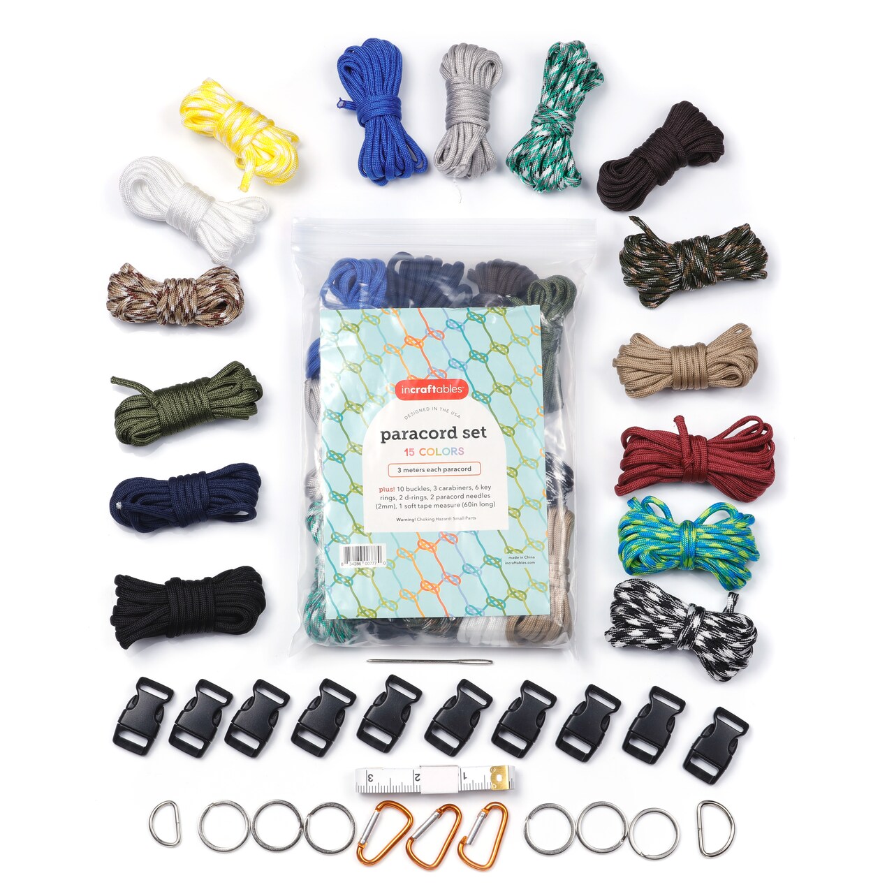 Incraftables Paracord kit with 15 Colors Paracord Rope (2mm), Buckle, Keyring, Carabiner &#x26; More. Best Paracord Bracelet Making Set for Lanyards, Dog Collars, Parachute Cord &#x26; Survival Rope